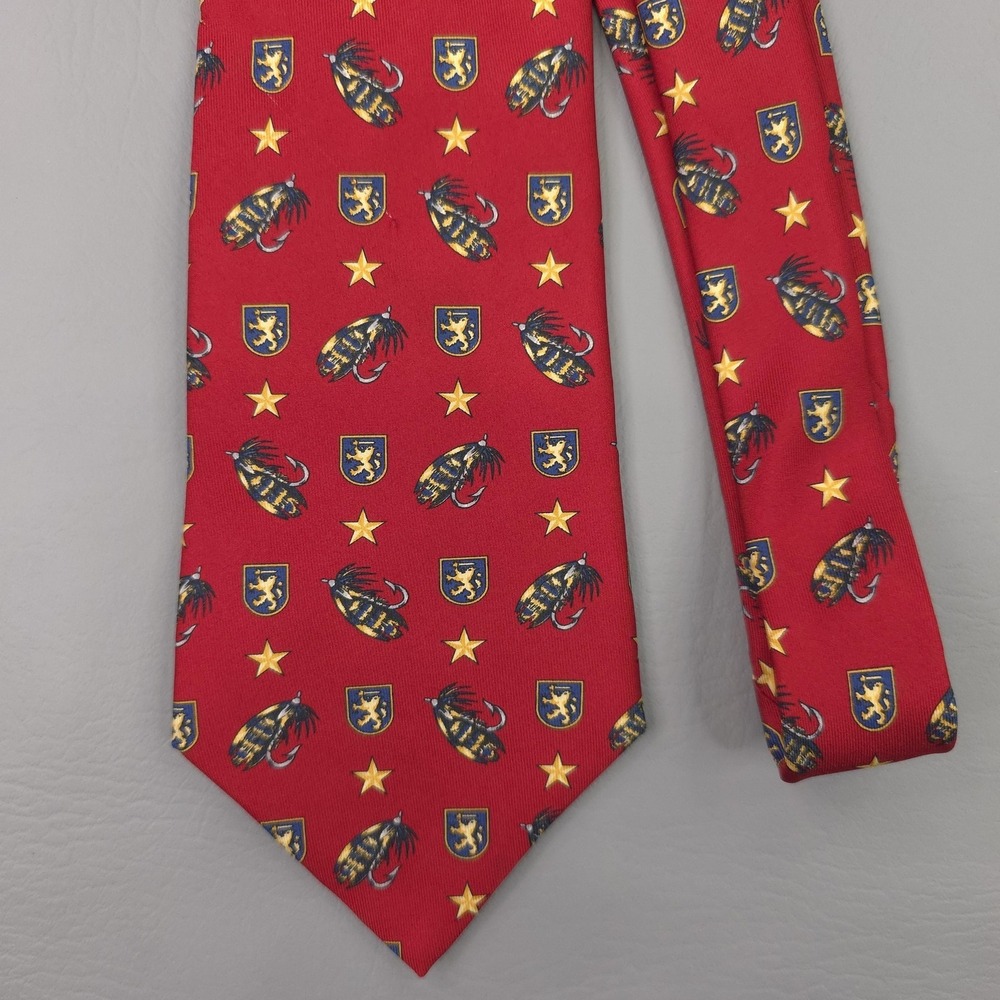 Vintage Tommy Hilfiger Tie Mens Red Silk Fishing Fly Crest Stars‎ Made In USA